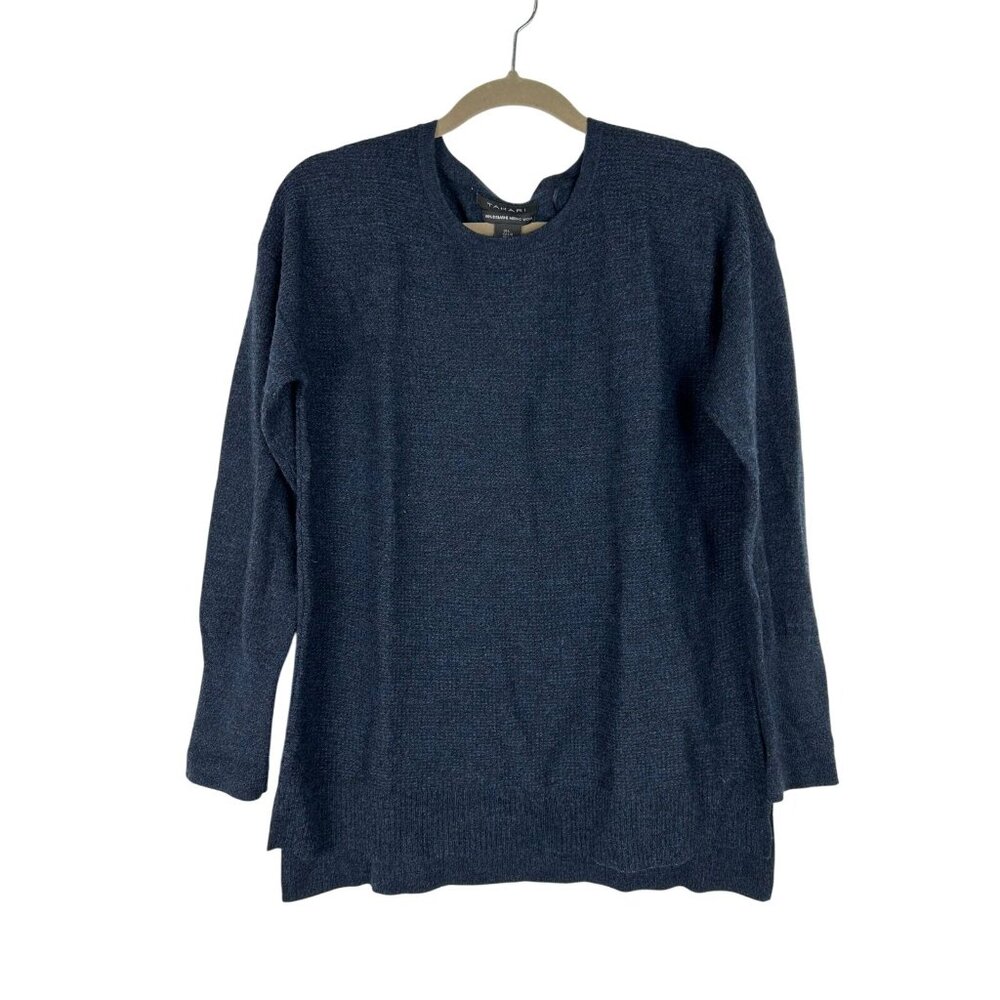 Tahari Women's Large Navy Blue 100% Extra Fine Merino Wool Crew Neck Sweater